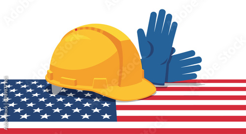 A bright yellow safety hard hat and textured blue industrial gloves rest prominently upon the stars and stripes of a flat American flag graphic background.