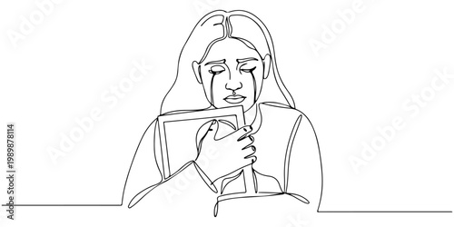 Continuous line drawing of a mother's face crying while hugging a photo, representing the loss of a family member due to war, line art style vector illustration.