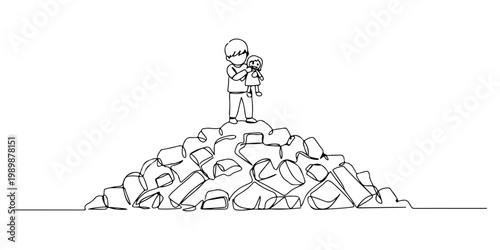 Illustrated construction worker standing atop a rubble pile.