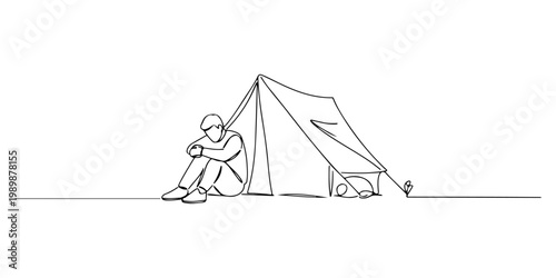 Minimalist line drawing of a camper resting beside a tent.