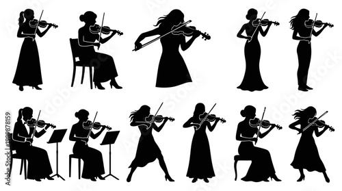 10 Woman Playing Violin Silhouette Vector Pack – Elegant Classical Music SVG Collection
