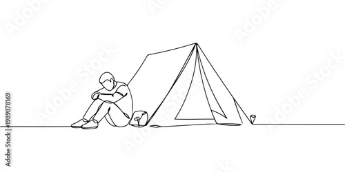 Line drawing of a lone camper sitting beside a pitched tent in minimal style.
