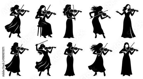 10 Woman Playing Violin Silhouette Vector Pack – Elegant Classical Music SVG Collection