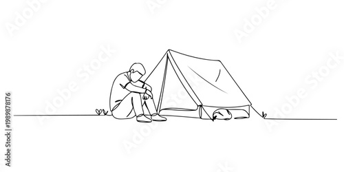Minimal line drawing of a camper sitting beside a pitched tent.