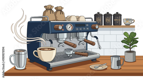 Dark Blue Professional Espresso Machine with Coffee Cup on Counter