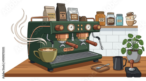 Green Professional Espresso Machine with Coffee Cup on Counter Illustration