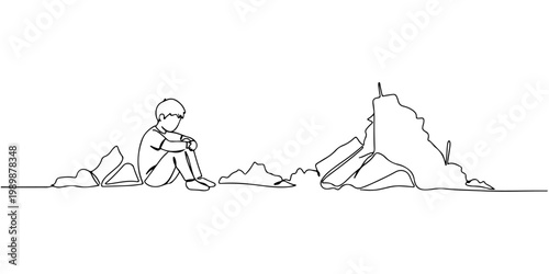 Continuous one line drawing of a little boy sitting alone in the ruins of a building, representing the loss and destruction caused by war, line art style vector illustration.