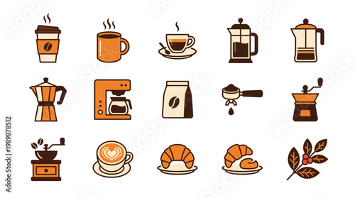 Essential Coffee Shop Icons with Cups Bags and Brewing Equipment in Warm Colors