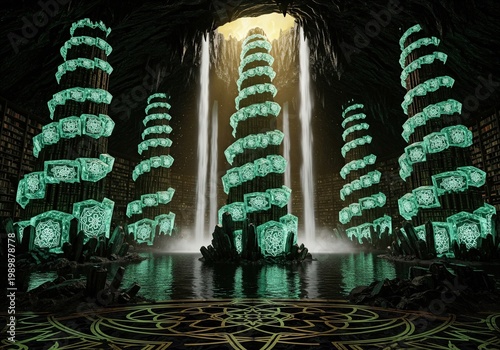 Ancient underground library in cave with glowing magic rune cubes on columns and waterfalls