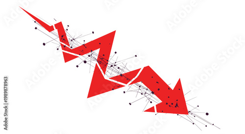 A fragmented red arrow points downward through a complex network of dark geometric lines and nodes against a stark white backdrop under bright and even studio light.