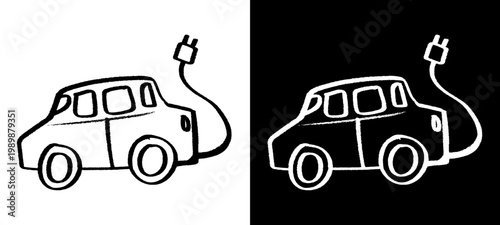 Hand drawn electric car icon with charging plug. Simple doodle representing eco friendly transportation, sustainable mobility, and green technology vehicles.