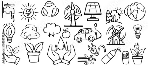 Comprehensive hand drawn ecology doodle set with various environmental icons. Collection of sustainability, recycling, and green energy symbols for nature conservation designs.