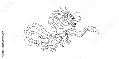 Intricate hand-drawn Chinese dragon line art illustration in profile.