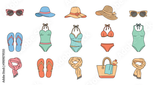 Beach accessories grid pastel sunglasses flipflops hat bag towel vector illustration