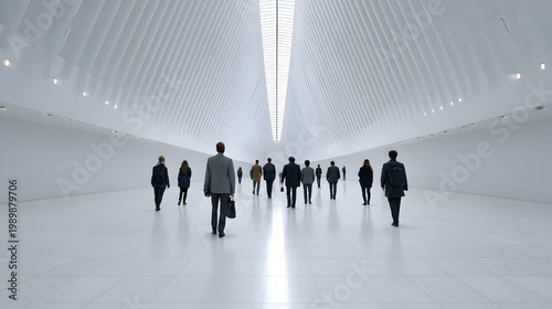 A diverse group of professionals walks through a luminous vast and modern architectural corridor symbolizing collective progress and corporate
