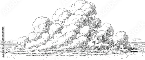 Cumulonimbus cloud formation in a detailed line drawing with a sense of atmospheric depth