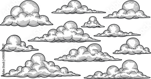 Cumulus Cloud Illustrations with Crosshatch Shading on a White Background