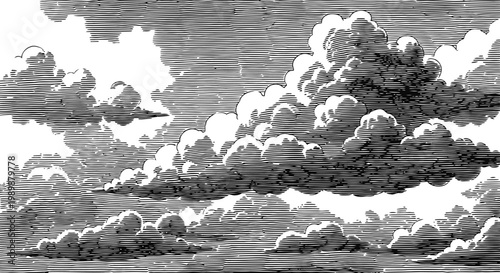 Cumulus clouds dramatically illuminated by sunlight during a daytime sky in an etched engraving style