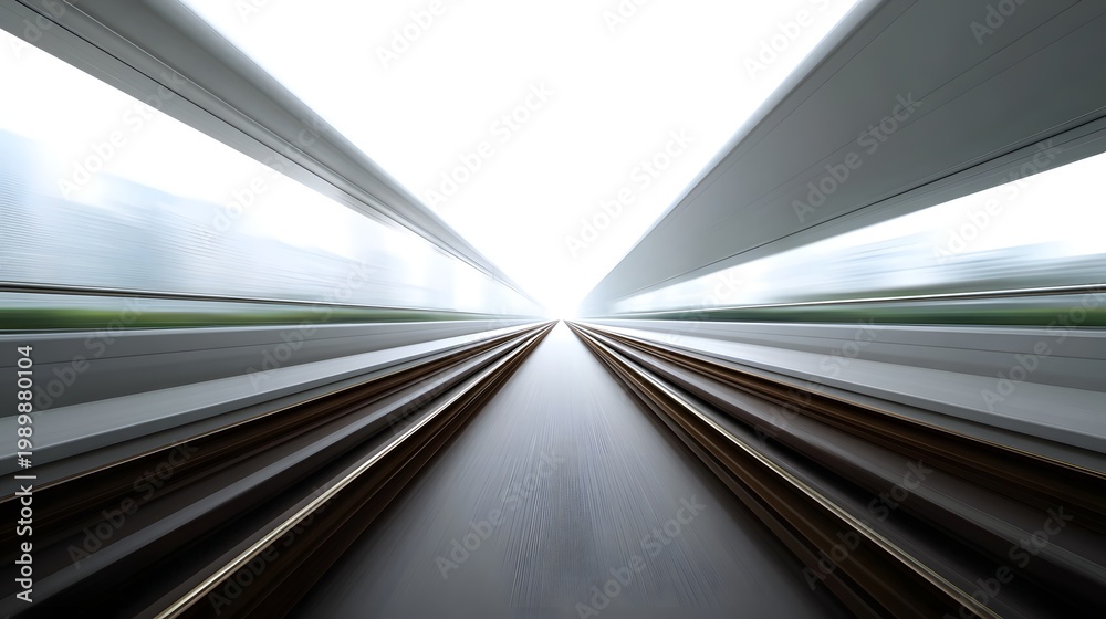 Fototapeta premium Abstract perspective of converging parallel lines creating a strong sense of intense motion and forward progress toward a bright glowing vanishing