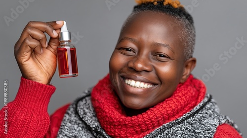 Happy young woman showing product dropper bottle, promoting natural skincare, health, and beauty ritual for vibrant skin