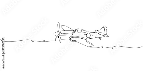 Continuous line drawing of a small propeller airplane.