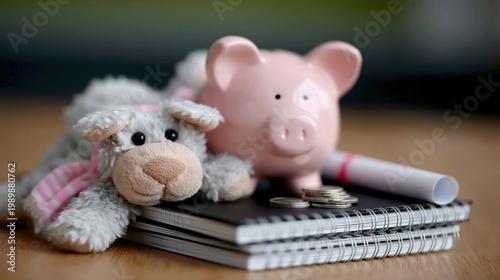 Pink piggy bank with coins and stuffed animal on notebooks, symbolizing childhood saving for education and future