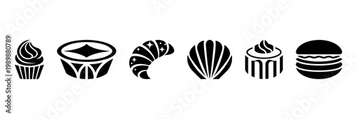 Row of stylized dessert icons including cupcake, pie, croissant, shell pastry, tart and burger, centered composition, black silhouettes set.
