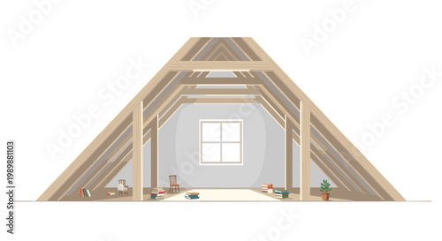 An empty attic room with exposed wooden rafters and a central window contains scattered books and small chairs against a bright and airy white background in light.