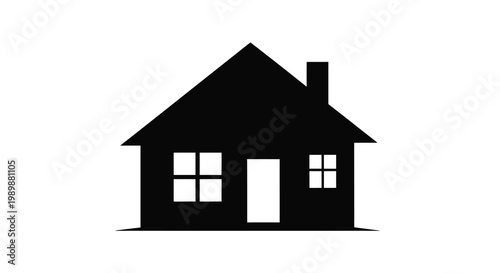 Simple black silhouette of a house with a chimney and windows