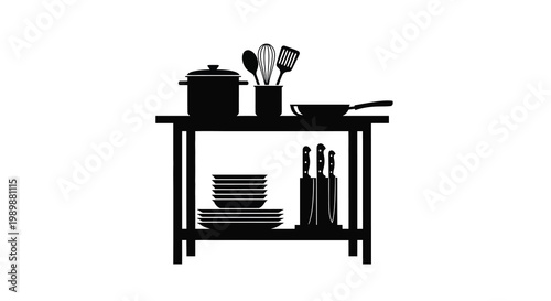 Black silhouette of kitchen utensils and cookware on a wooden shelf