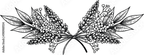 Delicate botanical lavender sprigs with leaves in a symmetrical arrangement suitable for decorative design