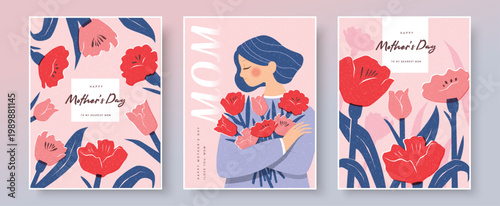 Set of vector illustration with a women holding a big bouquet of flowers and flowers background for Mother's Day poster, cover, card, brochure or banner template design.