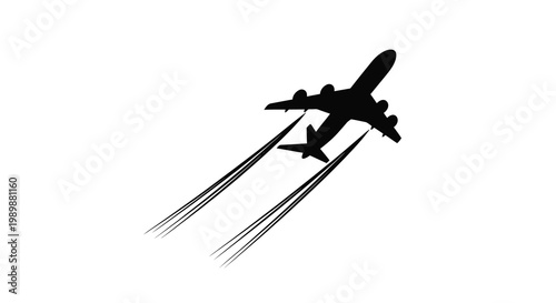 Silhouetted airplane in flight leaving vapor trails against a white background