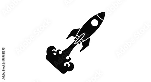 A simple black silhouette of a rocket launching with fiery exhaust