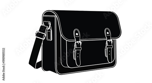 A black and white illustration of a vintage messenger bag