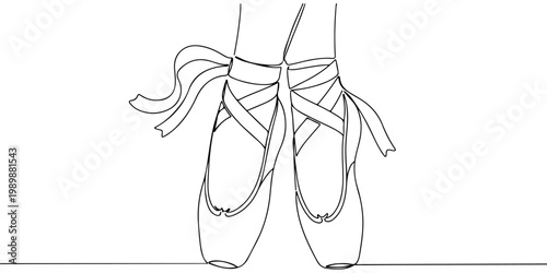 Minimalist line drawing of ballet pointe shoes with tied ribbons.