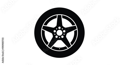Simple black and white illustration of a car wheel with five spokes
