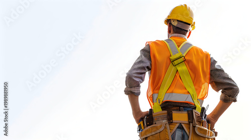 Construction worker backside view wearing yellow hard hat and orange safety vest with tool belt