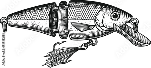 Detailed a segmented fishing lure with a treble hook on a white background