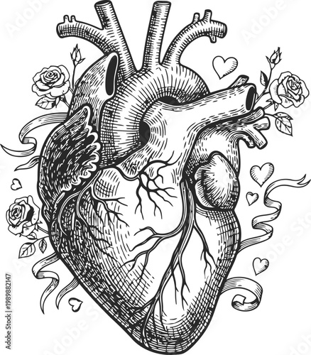 Detailed Anatomical Heart Illustration with Roses and Ribbons in Engraving Style