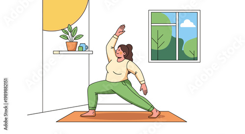 Woman practicing yoga warrior pose near window with natural light at home