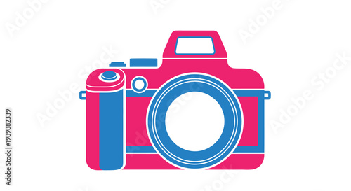 Stylized illustration of a vintage single lens reflex camera in pink and blue