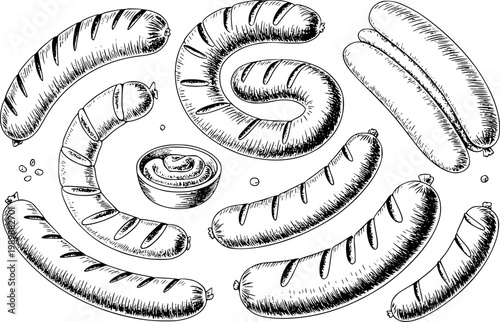 Hand-drawn sausages and mustard dip white background, style hotdog frankfurter bratwurst