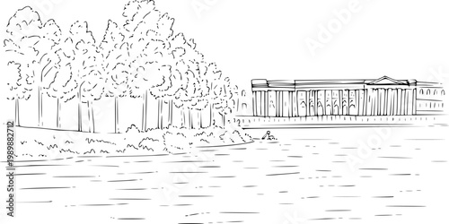 Of a classical building with columns, trees, and a body of water with a person in a small boat