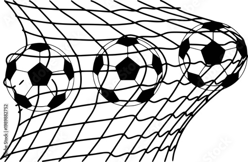 Soccer balls caught in a wavy net a white background, goal sport