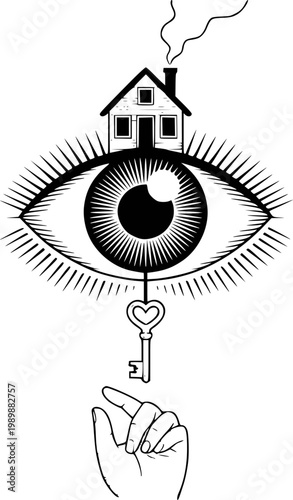 Surreal black and white of eye, house, key, and hand white background