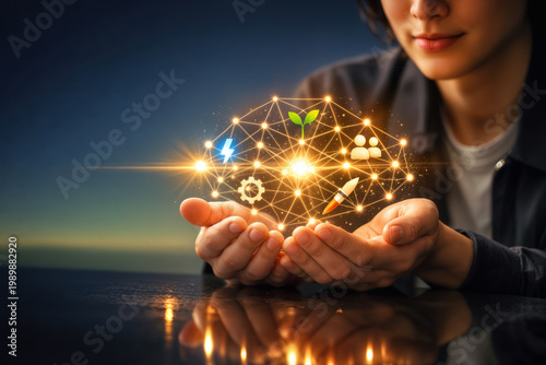 World Youth Skills Day concept glowing hologram of hands holding neural network of skills sparks growth gear paintbrush human connection future potential education workforce training UN awareness