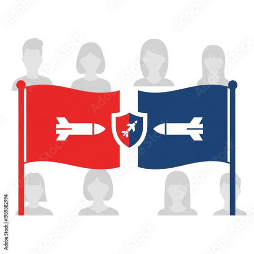 Conflict between two groups represented by flags and people.