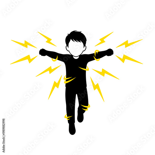 Child with lightning bolts emanating from arms.