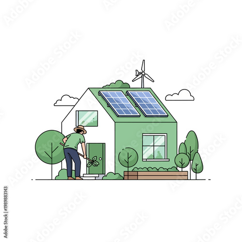 Eco friendly house with solar panels and wind turbine 2.